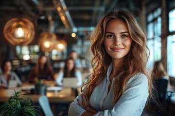 Poster - Portrait of a Smiling Woman in a Light Blue Shirt