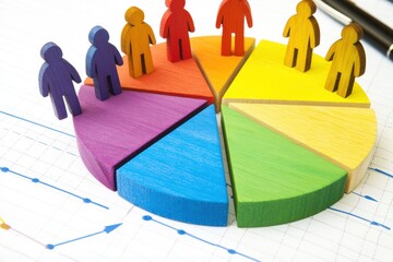 Aufkleber - Wooden figures stand on colorful pie chart with a blue line graph