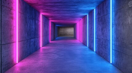Poster - Underground Concrete Space with Neon Blue and Pink Lighting Featuring Stripes and a Dark Grunge Aesthetic 3D Render of a Hallway and Gallery Entrance