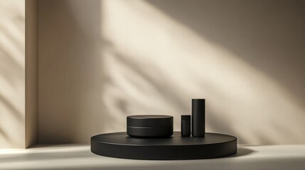 Aufkleber - 3D rendering of a neutral product background for cream cosmetics featuring a sleek black podium