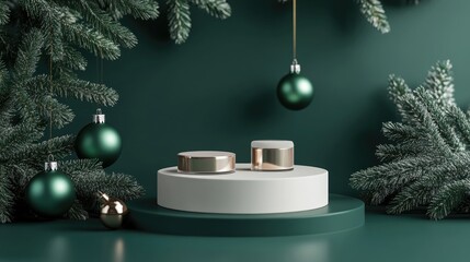 Aufkleber - Festive season greeting with an abstract minimalistic mock up scene Geometric podium shape designed for showcasing cosmetic products Display platform against a winter themed green backdrop 3D rend