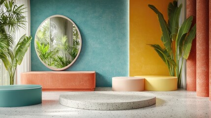 Poster - 3D rendering of geometric semi circle shapes in a product stand featuring tropical and luxurious colors with a minimal modern design