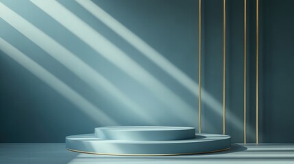 Aufkleber - Bright and dark pastel blue 3D rendered geometric background featuring a simple pedestal with golden lines designed for luxury product displays and wallpaper templates for advertising