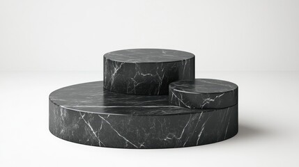 Leinwandbilder - Black marble podium set against a white background Refined display for product or cosmetic presentation Opulent mock up Pedestal or platform designed for beauty items Vacant setting 3D rendering 3