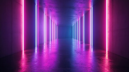 Poster - Futuristic sci fi scene featuring glowing neon tube lights with vibrant purple and blue laser beams in a dark empty corridor reminiscent of a spaceship presented through 3D rendering