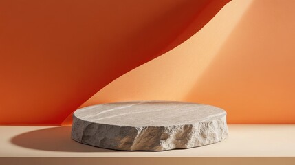 Poster - Rough stone pedestal against an abstract orange triangular backdrop Blank showcase mockup featuring an empty circular platform Geometric background for product advertising display with ample copy 