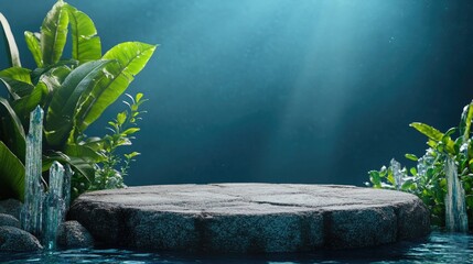 Leinwandbilder - Underwater mockup concept for showcasing a product Features a cobblestone podium and crystal seaweed with water caustics against a blue backdrop Clipping path for each element is included 3D rende