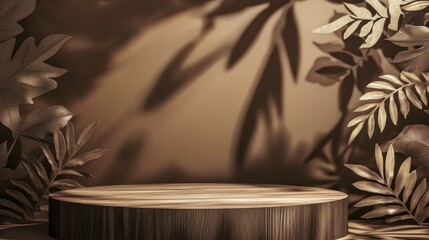 Poster - Wooden display podium featuring branch shadow and tropical leaves designed for cosmetic product showcase against a brown background