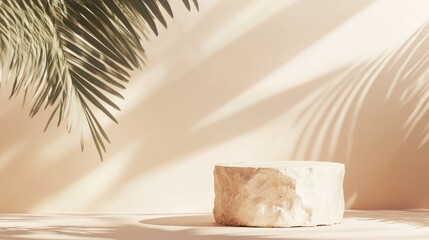 Poster - 3D background featuring a stone pedestal on a natural palm leaf shadow against a soft beige backdrop Tropical product promotion for beauty cosmetics displayed in a minimal studio setting 3D render