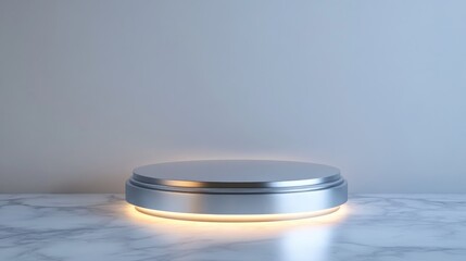 Poster - 3D illustration of a silver illuminated podium on a white background for a celebration themed beauty project