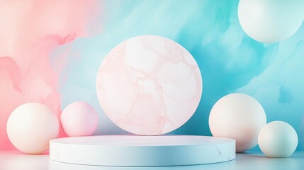 Poster - 3D rendered image of an abstract mock up podium with a pastel background