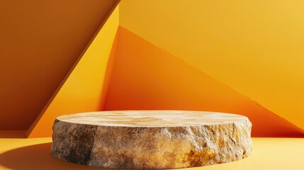 Poster - Rough stone pedestal against an abstract orange triangular backdrop Blank showcase mockup featuring an empty circular platform Geometric background for product advertising display with ample copy 