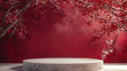 Poster - Cherry red wall backdrop featuring a podium minimalistic design 3D rendering