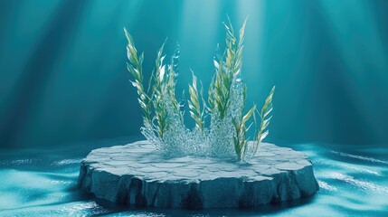 Poster - Underwater mockup concept for showcasing a product Features a cobblestone podium and crystal seaweed with water caustics against a blue backdrop Clipping path for each element is included 3D rende