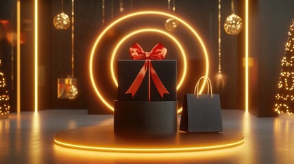 Poster - 3D rendering of a podium for a promotional sale featuring a realistic design round studio setup gold neon lights a black gift box with a red bow a shopping bag and a large discount percentage labe