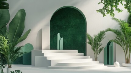 Aufkleber - 3D rendering of stairs and podium featuring geometric shapes a green arch and a stage designed for product display and promotion