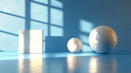 Poster - 3D rendered shapes of a square large circle cylinder and sphere on a blank blue floor