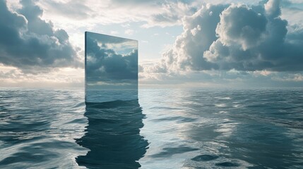 Aufkleber - Stunning 3D rendered surreal aquatic background featuring a large mirror panel amidst the sea Panoramic fantasy scene showcasing reflections of a dramatic sky and ocean waves