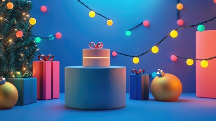 Aufkleber - Vibrant 3D illustration featuring a minimalistic product display themed for the holiday season adorned with colorful lights showcasing a single product on a podium or stand