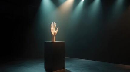 Poster - Abstract studio environment featuring a mannequin s hand illuminated by stage lighting showcasing a product on a pedestal in a 3D rendered illustration