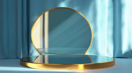 Poster - Blue and gold transparent circle background for presentation podium in cosmetic and fashion promotion 3D rendering