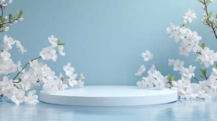 Poster - White display podium with water reflection and blooming flowers on a blue background 3D rendering
