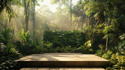 Aufkleber - 3D rendering of a stone platform surrounded by a tropical forest designed for product displays and featuring a lush green wall