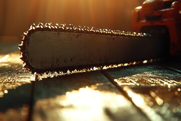 Poster - Close-up of a Chainsaw Blade in Warm Light