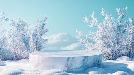 Poster - Festive seasonal greeting and abstract minimal mockup scene Geometric podium for showcasing cosmetic products Stage pedestal design with a winter themed background 3D rendering