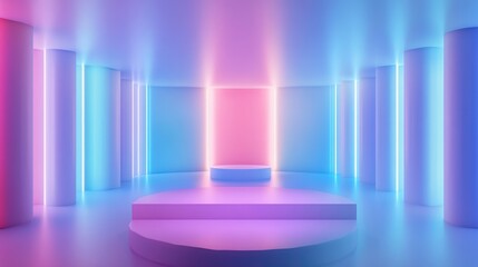 Poster - 3D rendering of an abstract arrangement of geometric forms in a brightly lit space featuring neon illumination A platform for your mockup