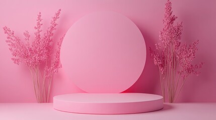 Poster - 3D rendered pink podium set against a pink backdrop for product display and advertising