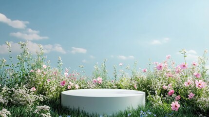 Aufkleber - 3D podium display background featuring natural green grass and flowers under a blue sky Minimalist pedestal for beauty and cosmetic product presentations Spring and summer landscape banner templat