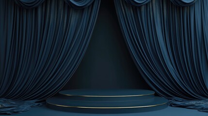 Aufkleber - Dark blue 3D rendering of a luxurious display podium or stand on fabric featuring golden threads presented in a simple top down composition