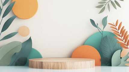 Aufkleber - Abstract minimalistic composition featuring geometric shapes a wooden podium and foliage against a white backdrop