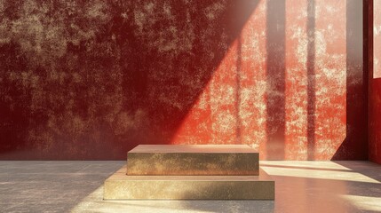 Poster - Dark red block podium on a square gold grid with terrazzo rendering featuring a transparent background in 3D