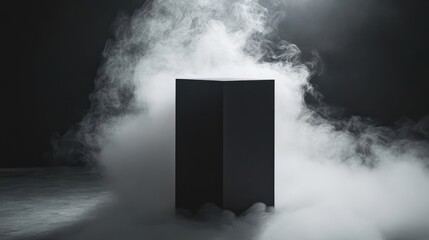 Poster - Minimalist black pedestal enveloped in white smoke fostering a mysterious and captivating ambiance for product display
