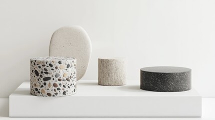 Aufkleber - Cylinder shaped product display pedestal with a stone texture on a white background featuring minimal and modern design elements 3D rendering