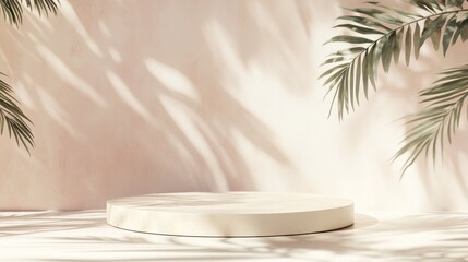 Aufkleber - 3D rendered illustration of an abstract geometric podium composition featuring palm leaves shadows against a pastel background embodying a minimal concept for product showcase and luxury branding 
