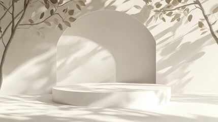 Poster - Minimalist abstract white podium blocks for product display featuring an empty stage with sunshade shadows on a beige background and tree leaf silhouettes designed for cosmetic product presentatio