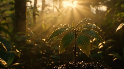 Poster - A Young Plant Emerging From the Forest Floor Bathed in Golden Sunlight