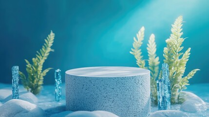 Poster - Underwater mockup concept for showcasing a product Features a cobblestone podium and crystal seaweed with water caustics against a blue backdrop Clipping path for each element is included 3D rende