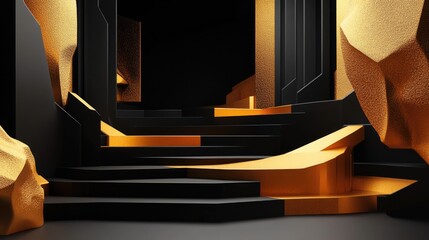 Poster - 3D Abstract Shape and Geometry in Black and Gold Color Stage Mockup Background