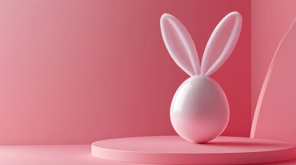 Aufkleber - Easter egg with rabbit ears displayed on a circular pedestal against a pink background 3D rendering
