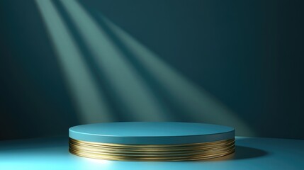 Aufkleber - Bright and dark pastel blue 3D rendered geometric background featuring a simple pedestal with golden lines designed for luxury product displays and wallpaper templates for advertising