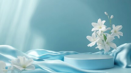 Poster - Beauty cosmetic product display on a blue background featuring a podium and silk fabric 3D render