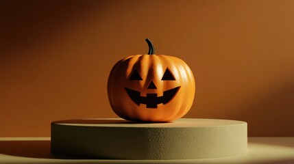 Aufkleber - 3D rendering of a Halloween pumpkin beside a podium featuring a minimalist Halloween themed background design element