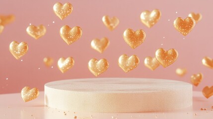 Aufkleber - Realistic 3D rendering of a podium featuring golden hearts on a soft pastel peach backdrop