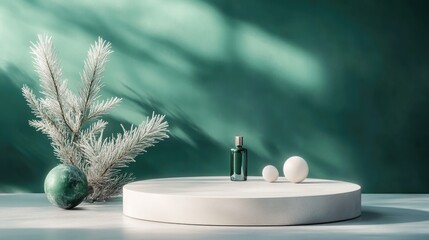 Aufkleber - Festive season greeting with an abstract minimalistic mock up scene Geometric podium shape designed for showcasing cosmetic products Display platform against a winter themed green backdrop 3D rend