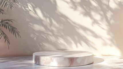 Poster - Background podium for product display featuring a 3D stand on a marble stone platform A minimalistic stage for cosmetics with pastel shadows serving as an empty beauty floor mockup in an abstract 