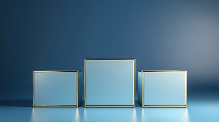 Aufkleber - Blue and gold cube podium on a blue background Abstract minimal geometric shape in a studio setting Mockup space for product design display 3D rendering